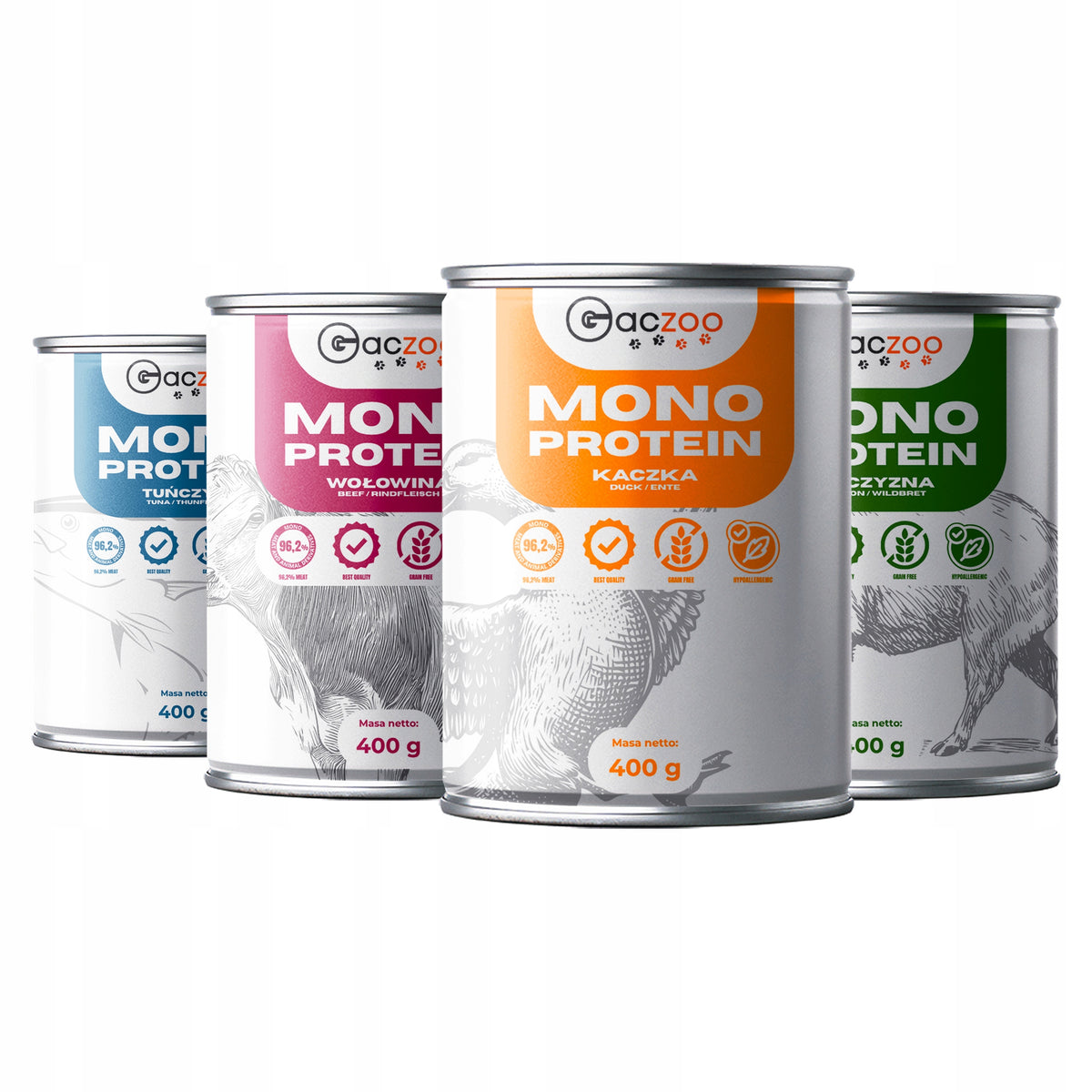 Gaczoo Mono Protein karma mokra dla psa hipoalergiczna 4 x 400 g – bez zbóż, mix smaków