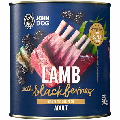 John Dog Berry Line karma mokra dla psa 6x800 g – bezzbożowa, 96% mięsa, jagnięcina z jeżynami