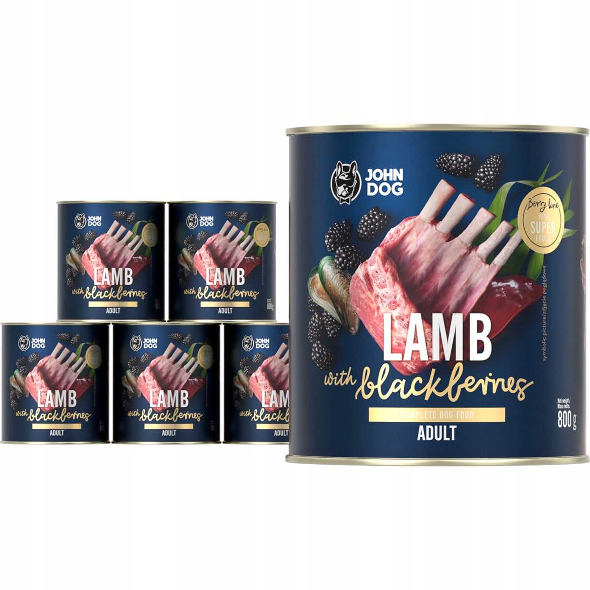 John Dog Berry Line karma mokra dla psa 6x800 g – bezzbożowa, 96% mięsa, jagnięcina z jeżynami