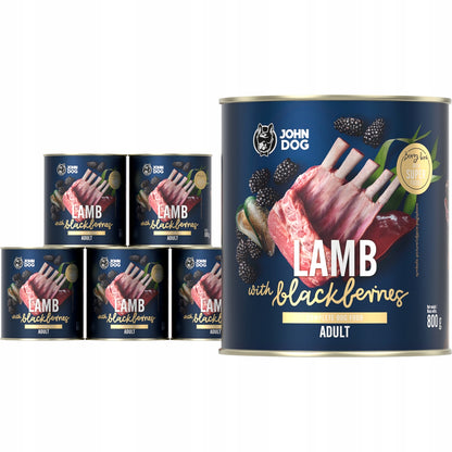 John Dog Berry Line karma mokra dla psa 6x800 g – bezzbożowa, 96% mięsa, jagnięcina z jeżynami