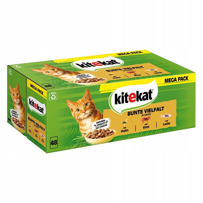 Kitekat karma mokra dla kota w saszetkach 48 x 85 g – mix smaków, kurczak, wołowina, łosoś
