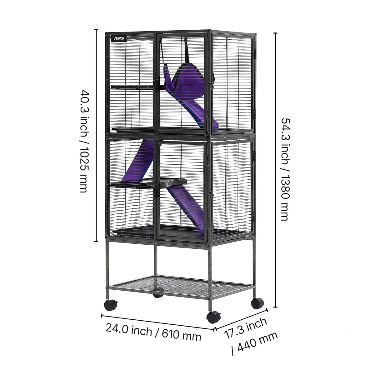 Vevor Klatka dla fretki i szynszyli 61x44x138 cm na kółkach, z rampą – czarna