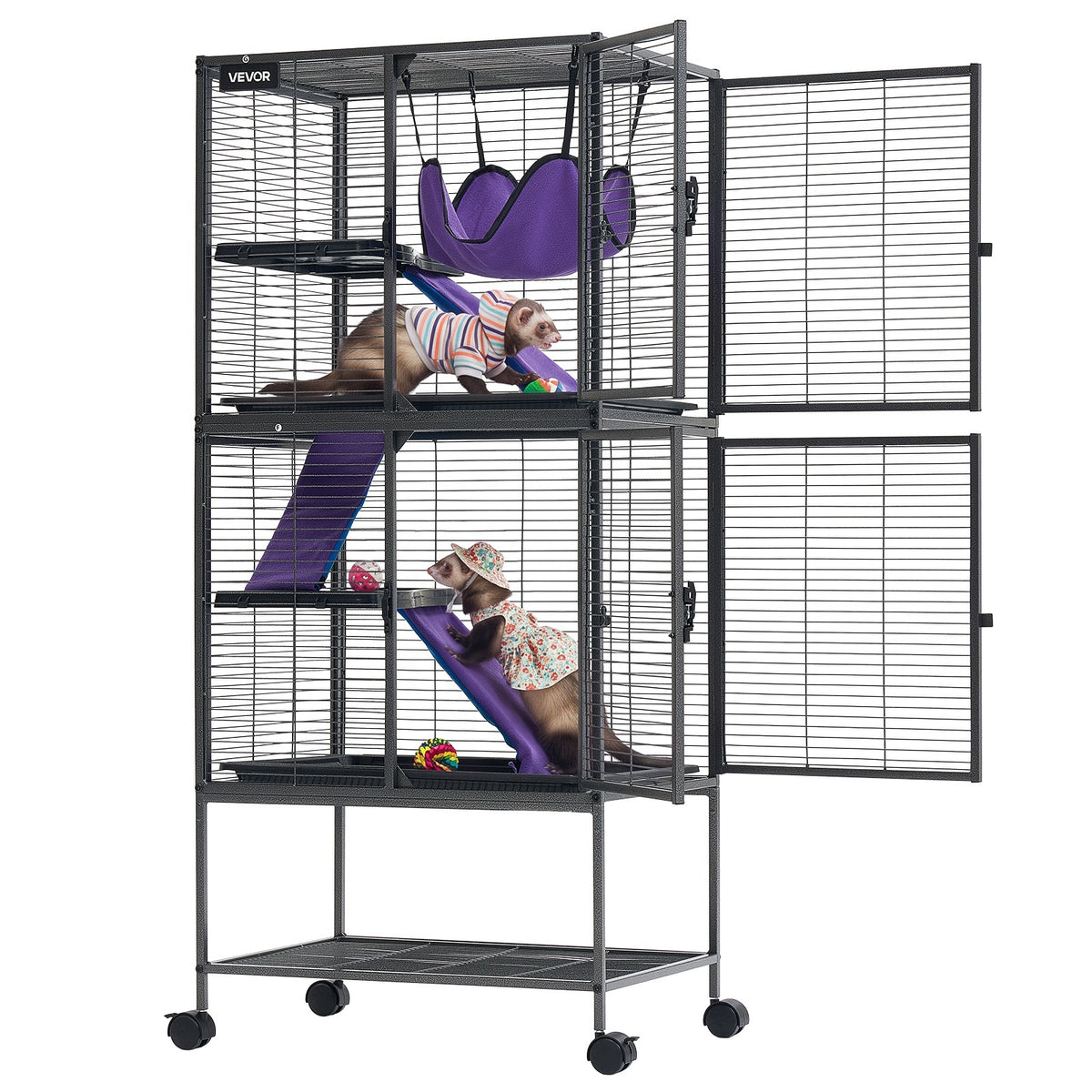 Vevor Klatka dla fretki i szynszyli 61x44x138 cm na kółkach, z rampą – czarna