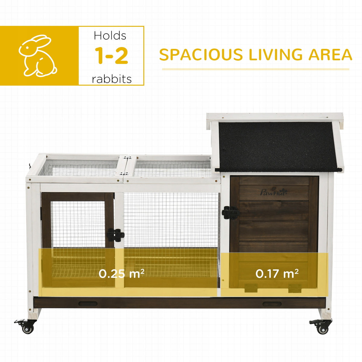 PawHut Klatka dla królików z wybiegiem 108x58x73,5 cm, drewno, na kółkach – kawowa