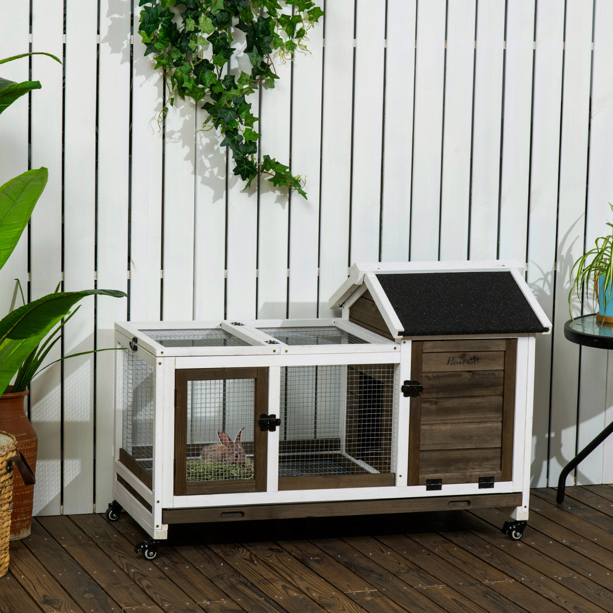 PawHut Klatka dla królików z wybiegiem 108x58x73,5 cm, drewno, na kółkach – kawowa