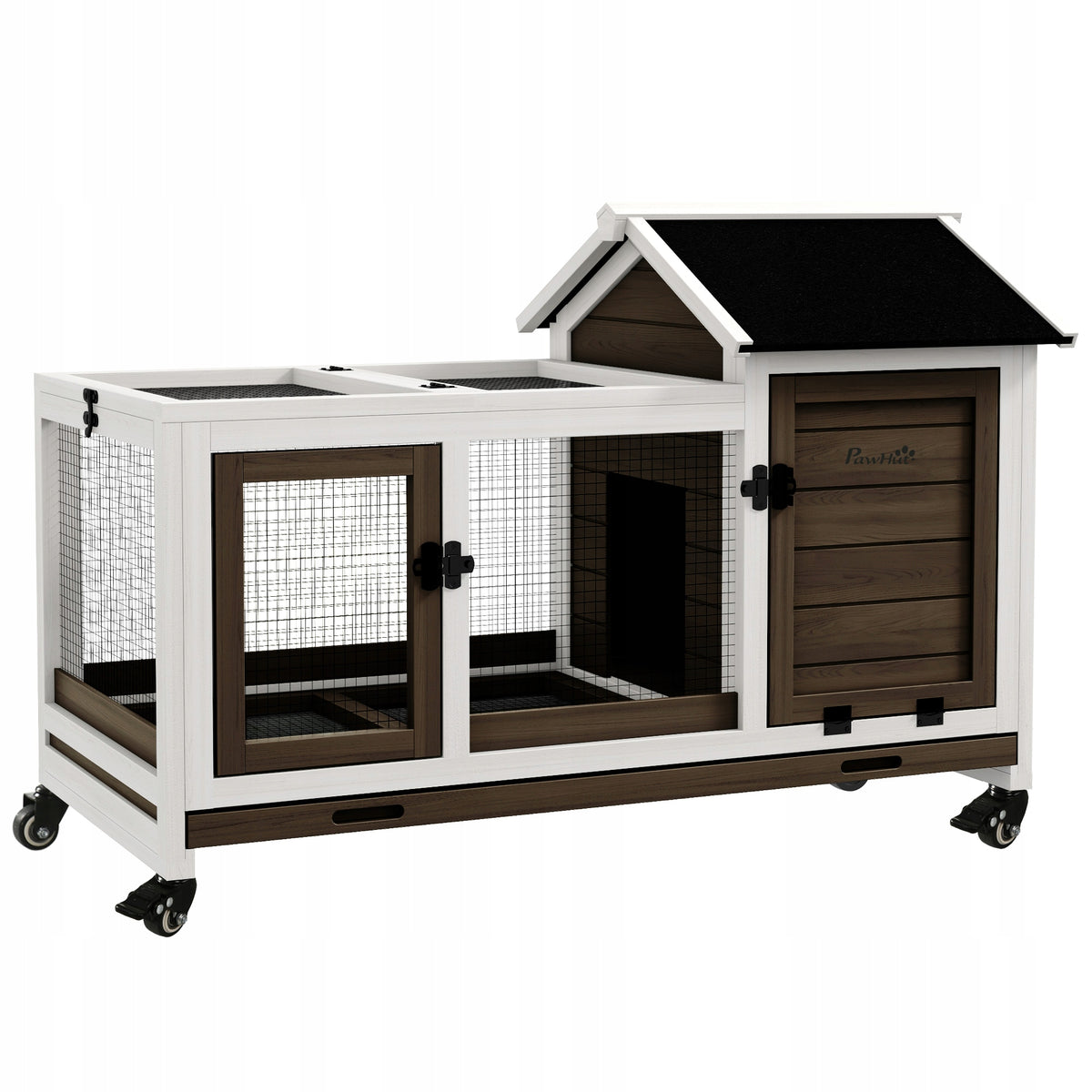 PawHut Klatka dla królików z wybiegiem 108x58x73,5 cm, drewno, na kółkach – kawowa