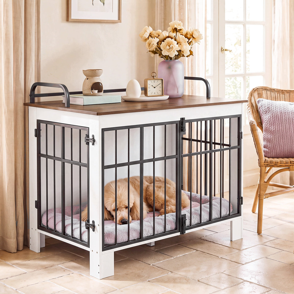 Drewniana klatka dla psa 100x60x75 cm z dwoma wejściami – kojec i stolik, biała
