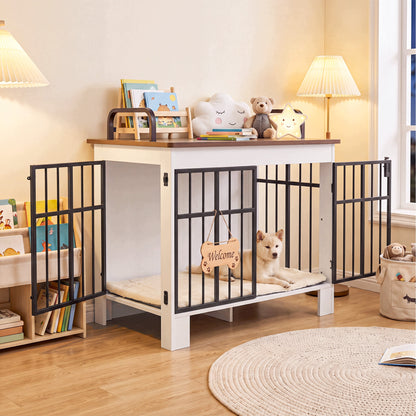 Drewniana klatka dla psa 100x60x75 cm z dwoma wejściami – kojec i stolik, biała