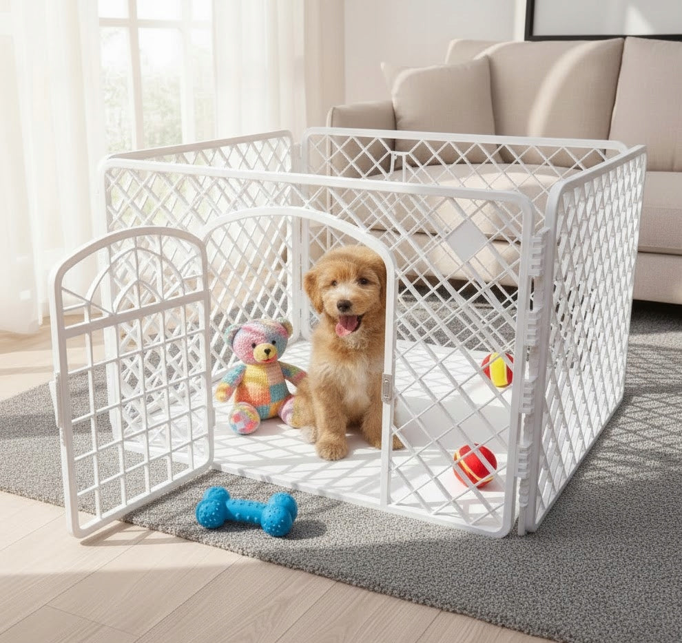 K&M Kojec dla psa i szczeniąt 90 x 90 x 60 cm składany, z bramką, model I220 – biały