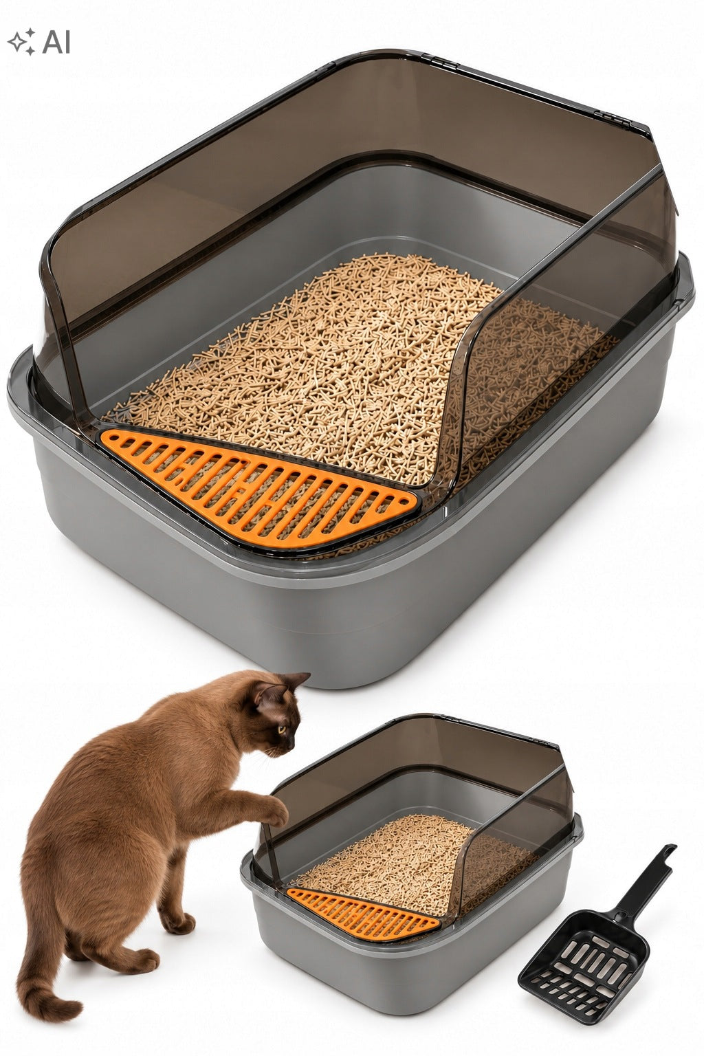 Kuweta dla kota otwarta 45×30×17 cm z wysokimi bokami i łopatką – szara
