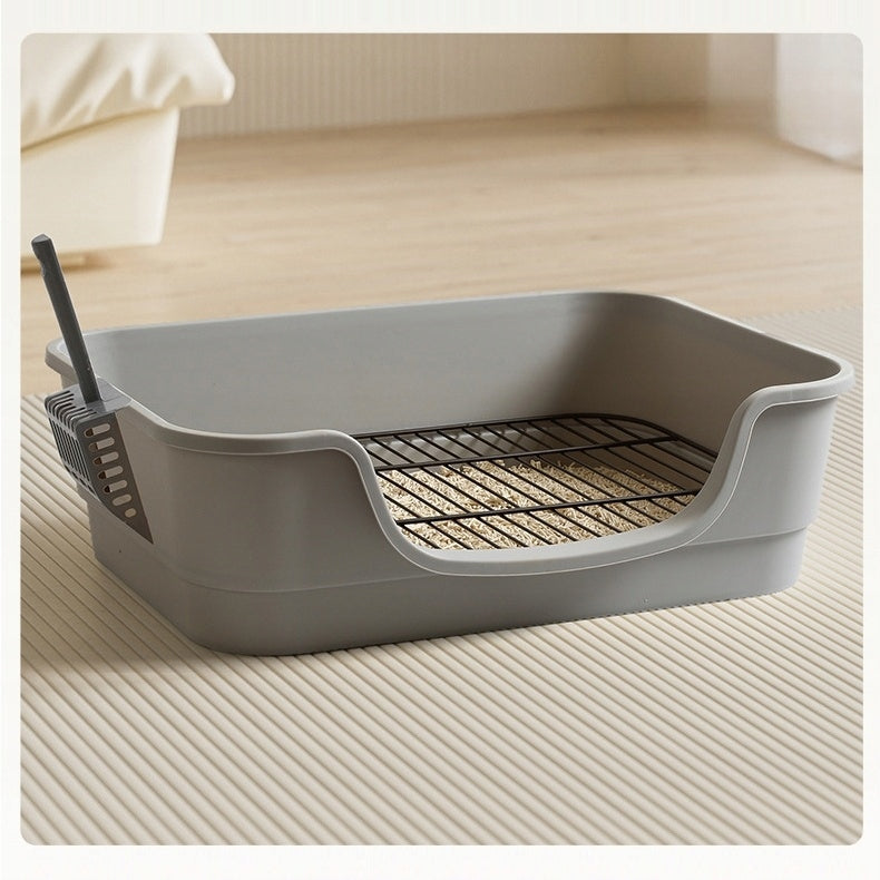 Kuweta otwarta dla kota 47,5 x 35 x 15 cm z rusztem i łopatką do żwirku – szara