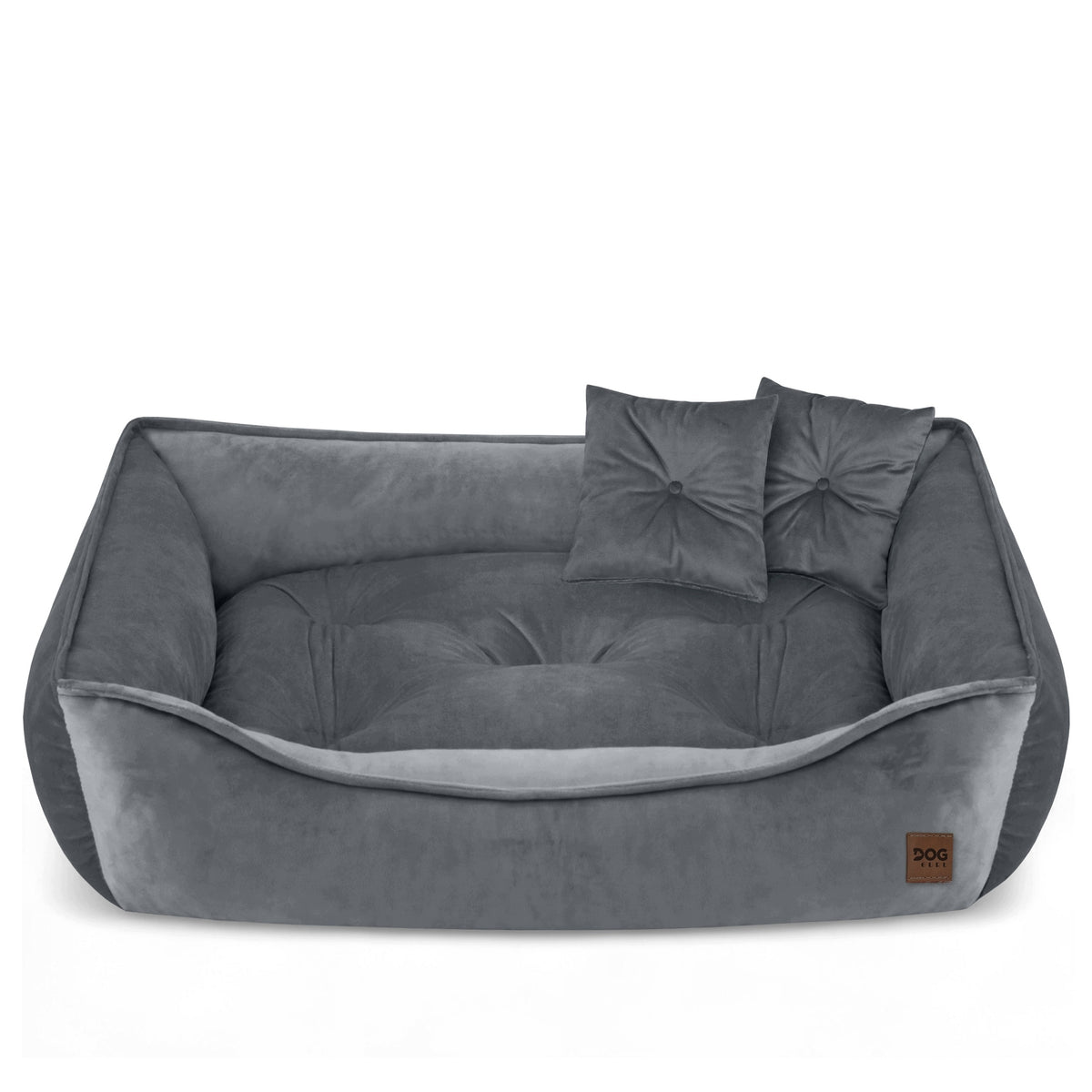 Legowisko dla psa kanapa 90x60 cm z welurem velvet i 2 poduszkami, owalne – szare