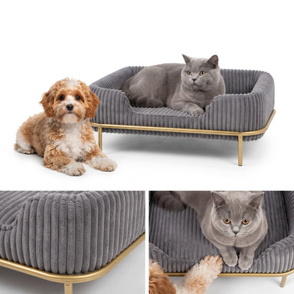 Legowisko sofa dla psa i kota 55x35 cm sztruksowe na złotym stelażu – szare