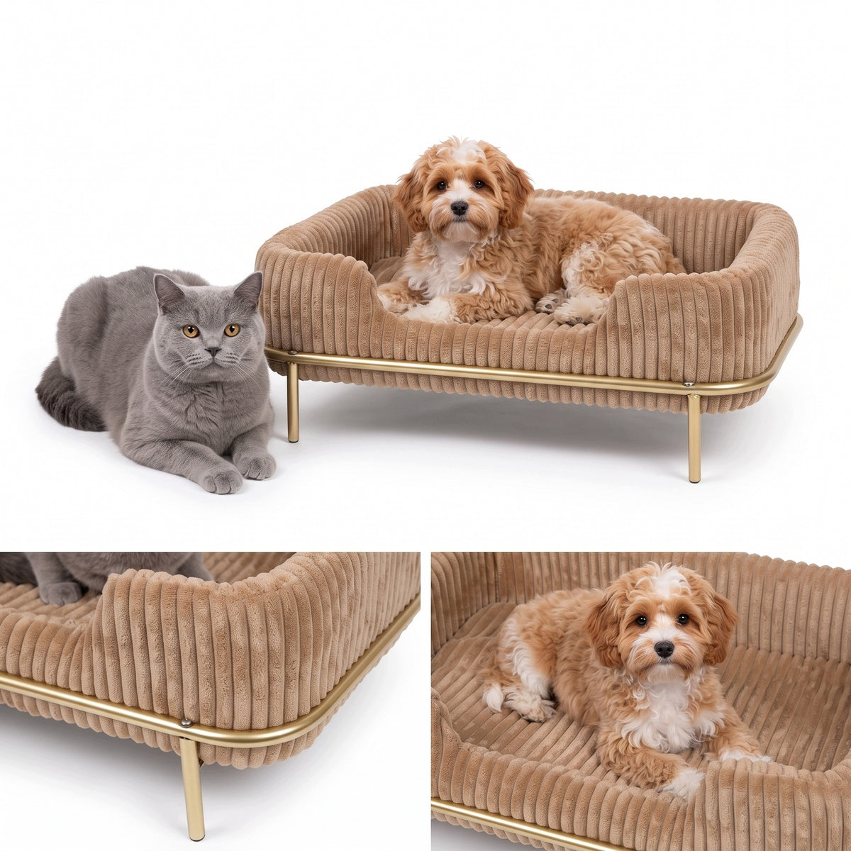 Legowisko sofa dla psa i kota 55x35 cm, sztruksowe, na złotym stelażu – brązowe