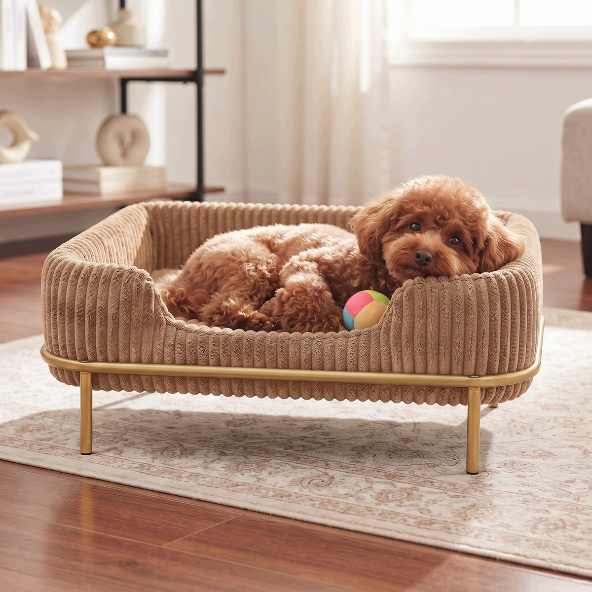 Legowisko sofa dla psa i kota 55x35 cm, sztruksowe, na złotym stelażu – brązowe
