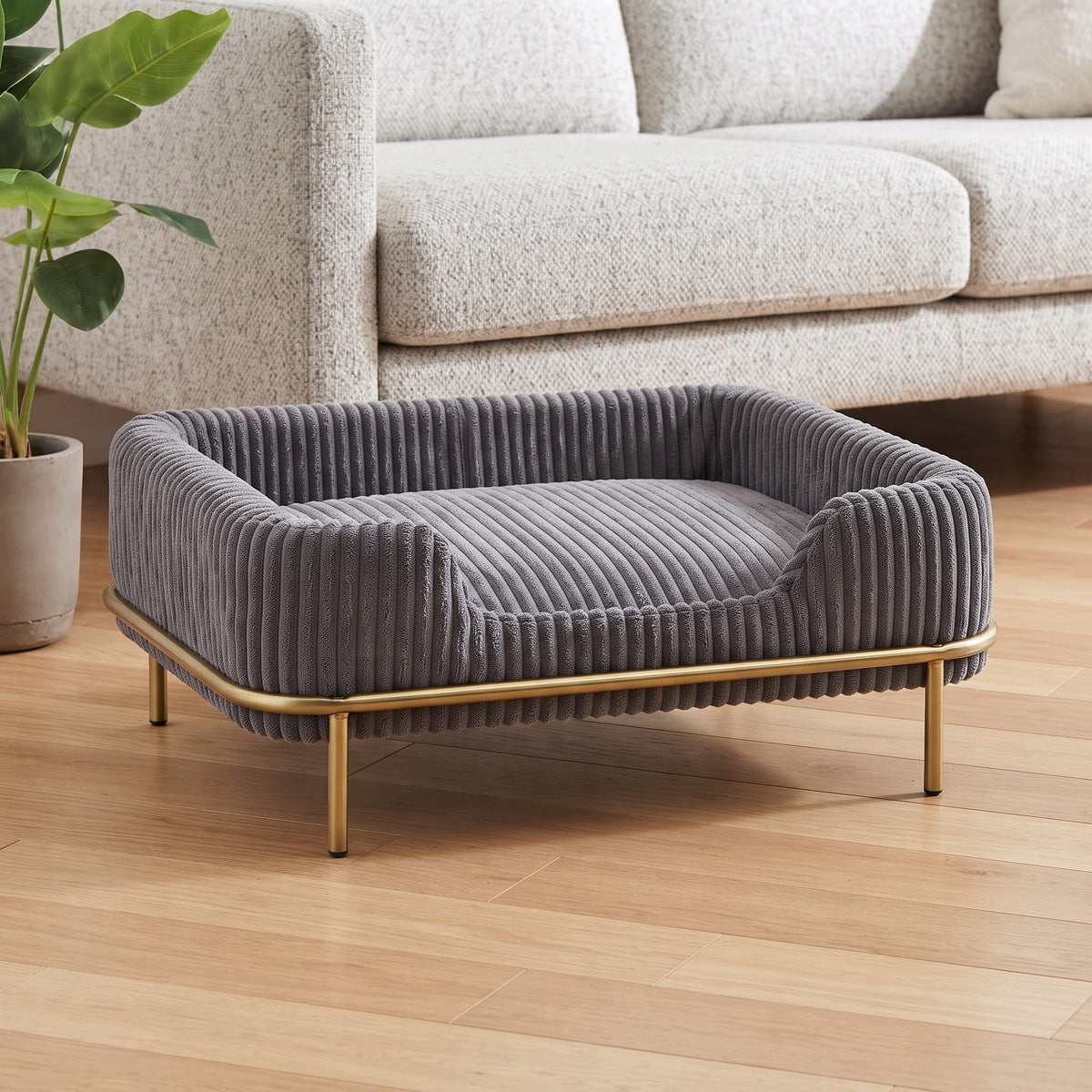 Legowisko sofa dla psa i kota 55x35 cm sztruksowe na złotym stelażu – szare