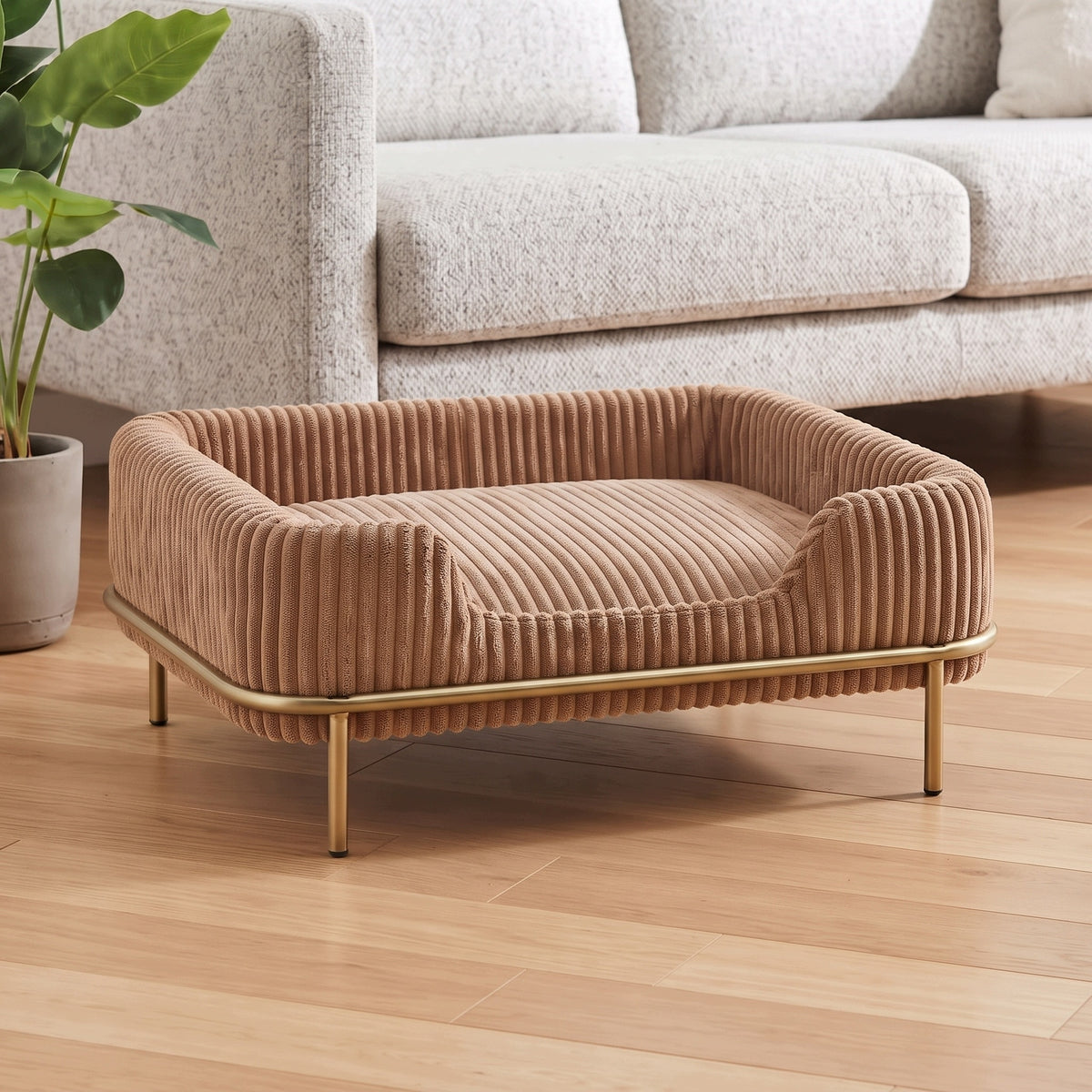 Legowisko sofa dla psa i kota 55x35 cm, sztruksowe, na złotym stelażu – brązowe
