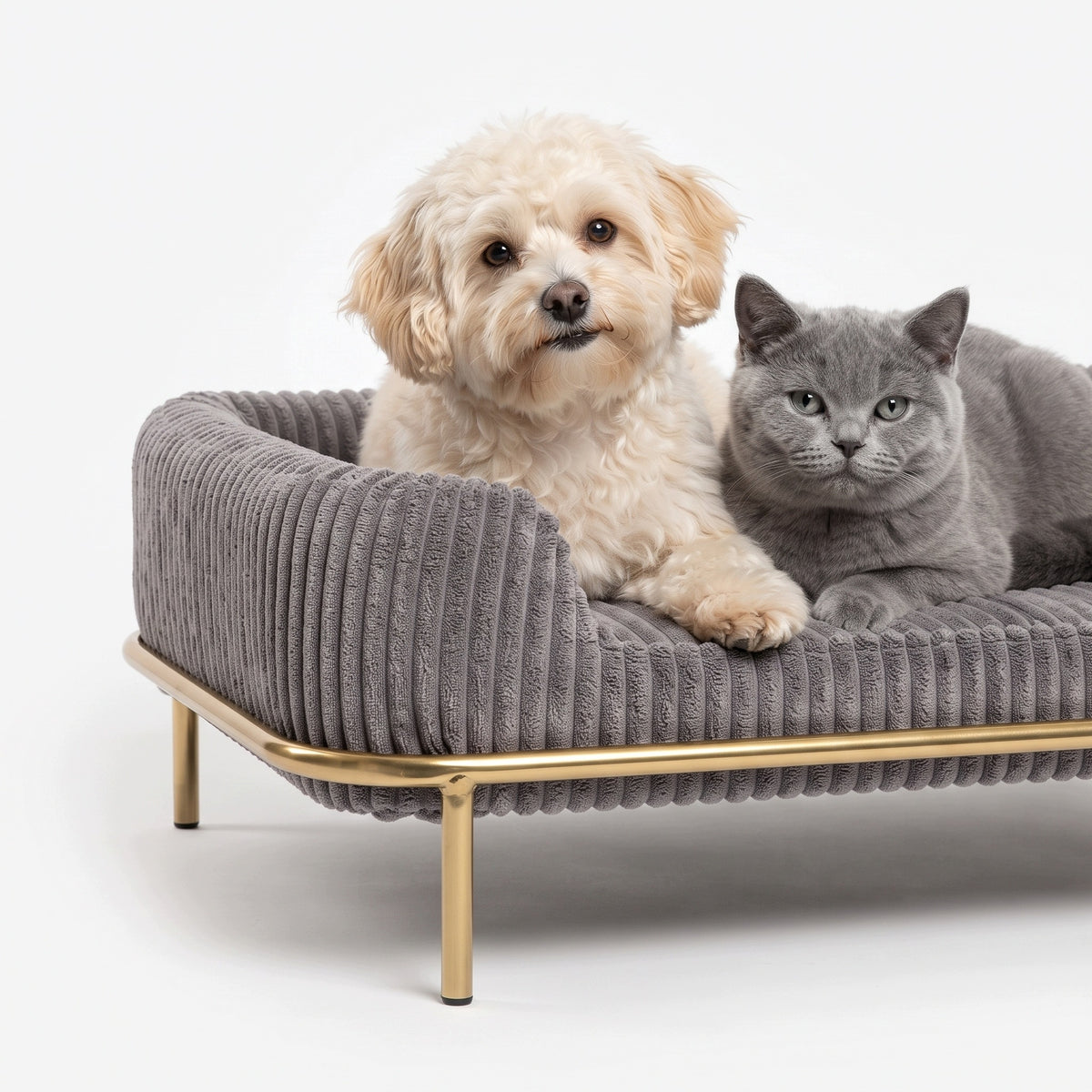 Legowisko sofa dla psa i kota 55x35 cm sztruksowe na złotym stelażu – szare
