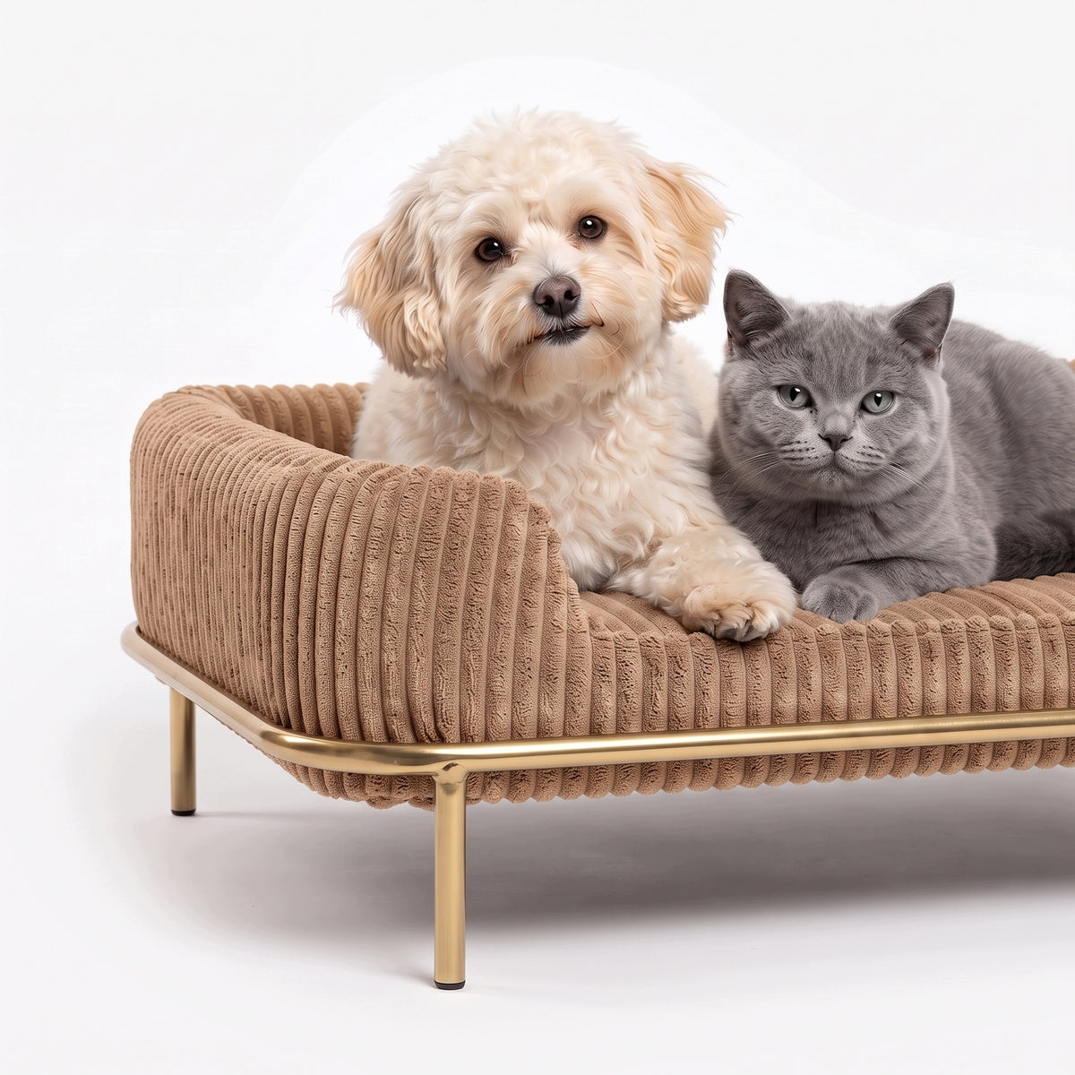 Legowisko sofa dla psa i kota 55x35 cm, sztruksowe, na złotym stelażu – brązowe