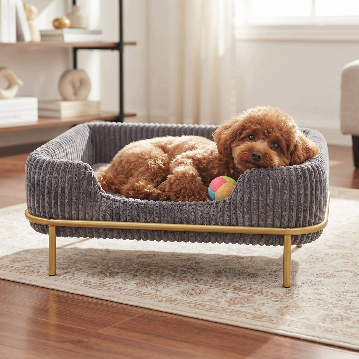 Legowisko sofa dla psa i kota 55x35 cm sztruksowe na złotym stelażu – szare