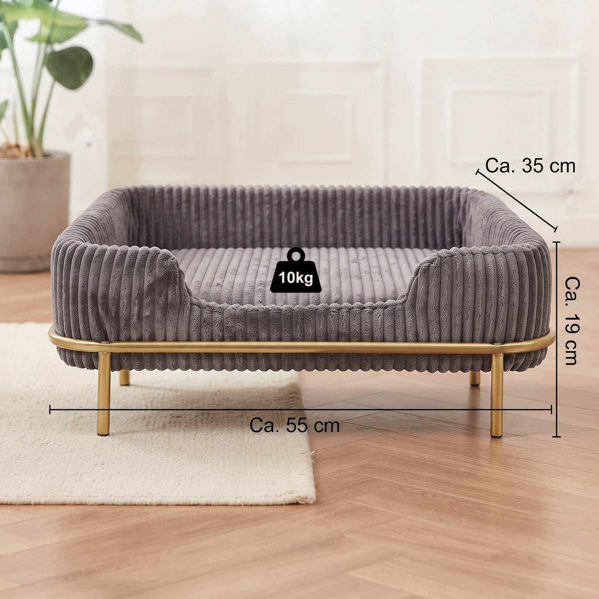 Legowisko sofa dla psa i kota 55x35 cm sztruksowe na złotym stelażu – szare