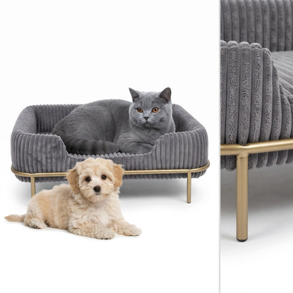 Legowisko sofa dla psa i kota 55x35 cm sztruksowe na złotym stelażu – szare
