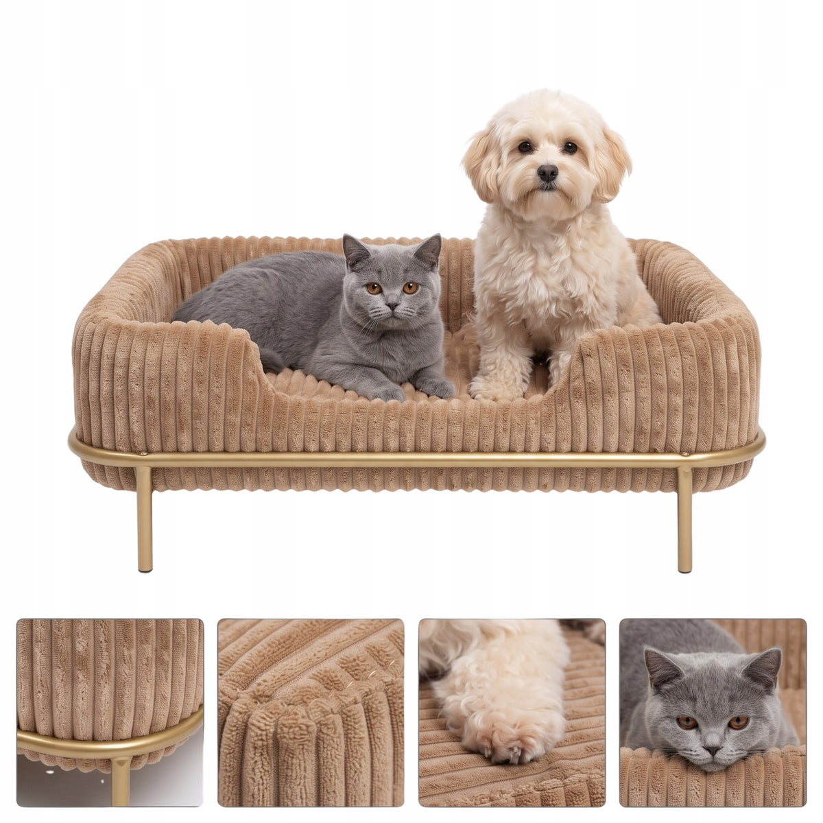 Legowisko sofa dla psa i kota 55x35 cm, sztruksowe, na złotym stelażu – brązowe