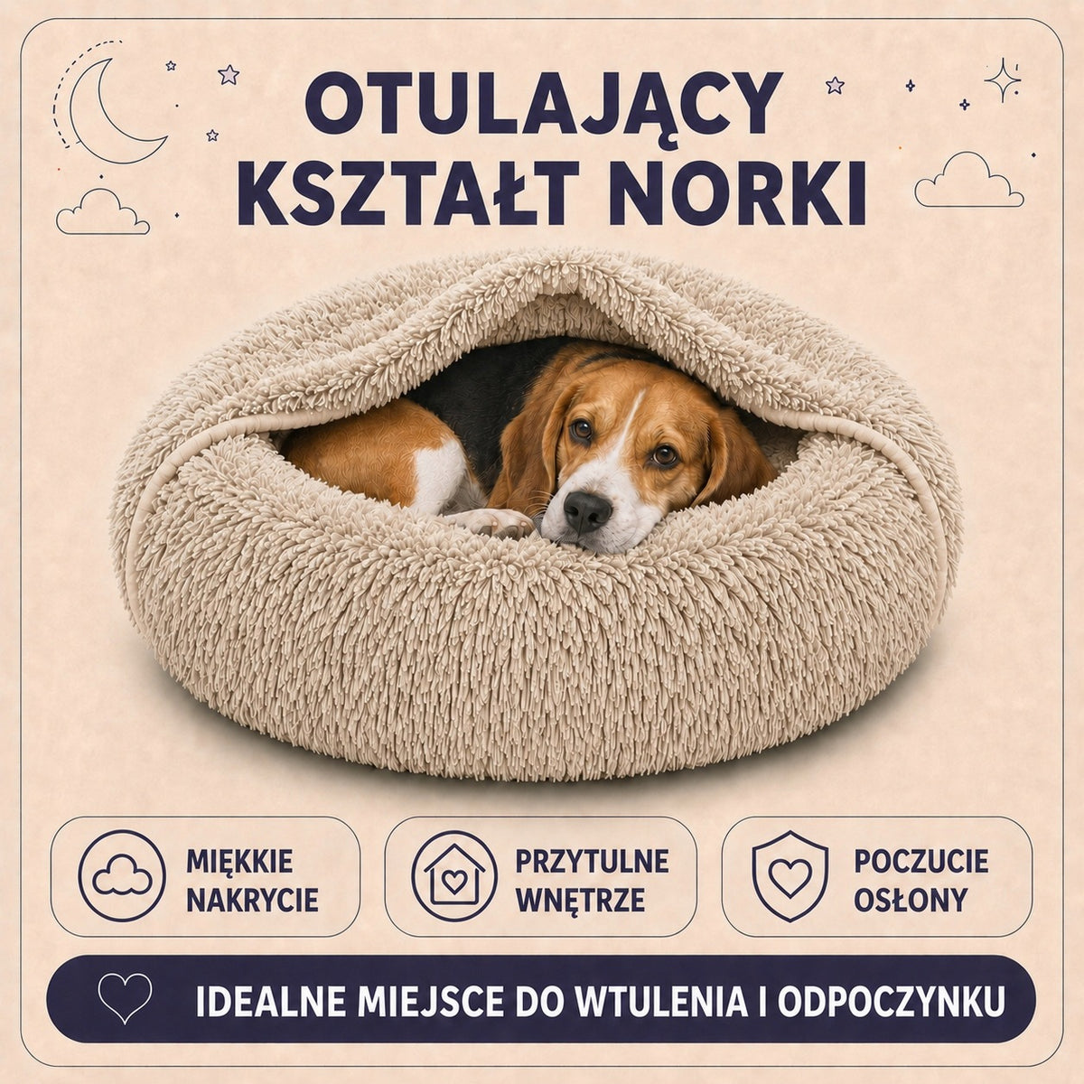Legowisko norka dla psa 80 cm 2 w 1, pluszowe shaggy, zdejmowany pokrowiec – beżowe
