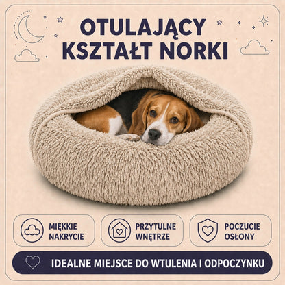 Legowisko norka dla psa 80 cm 2 w 1, pluszowe shaggy, zdejmowany pokrowiec – beżowe