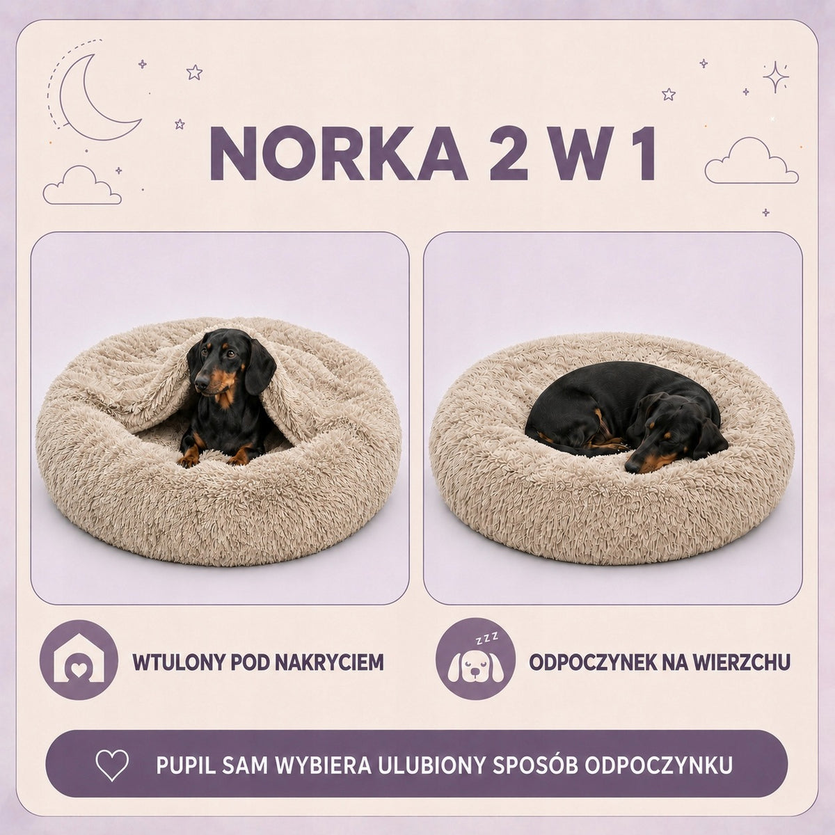 Legowisko norka dla psa 80 cm 2 w 1, pluszowe shaggy, zdejmowany pokrowiec – beżowe