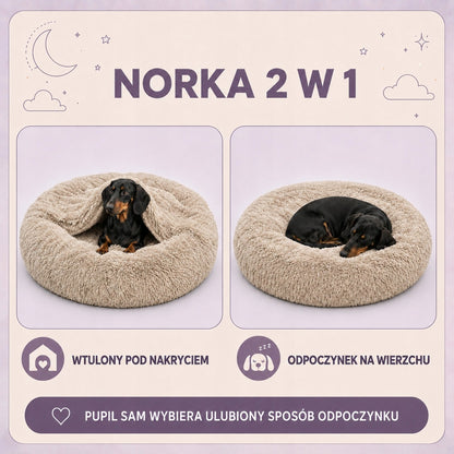 Legowisko norka dla psa 80 cm 2 w 1, pluszowe shaggy, zdejmowany pokrowiec – beżowe