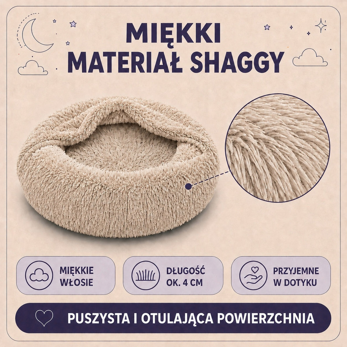 Legowisko norka dla psa 80 cm 2 w 1, pluszowe shaggy, zdejmowany pokrowiec – beżowe
