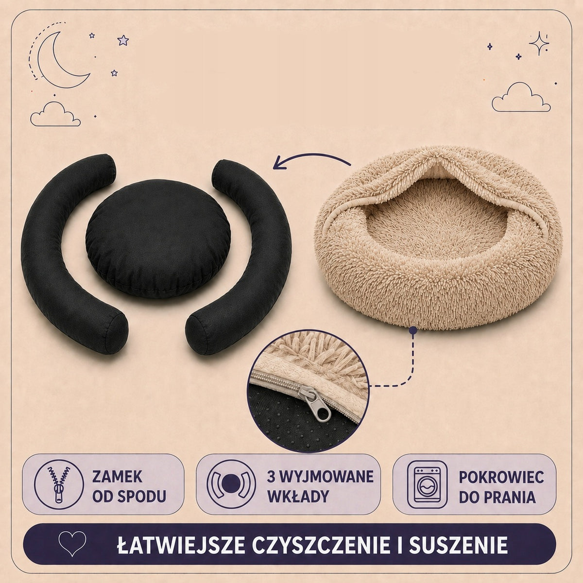 Legowisko norka dla psa 80 cm 2 w 1, pluszowe shaggy, zdejmowany pokrowiec – beżowe