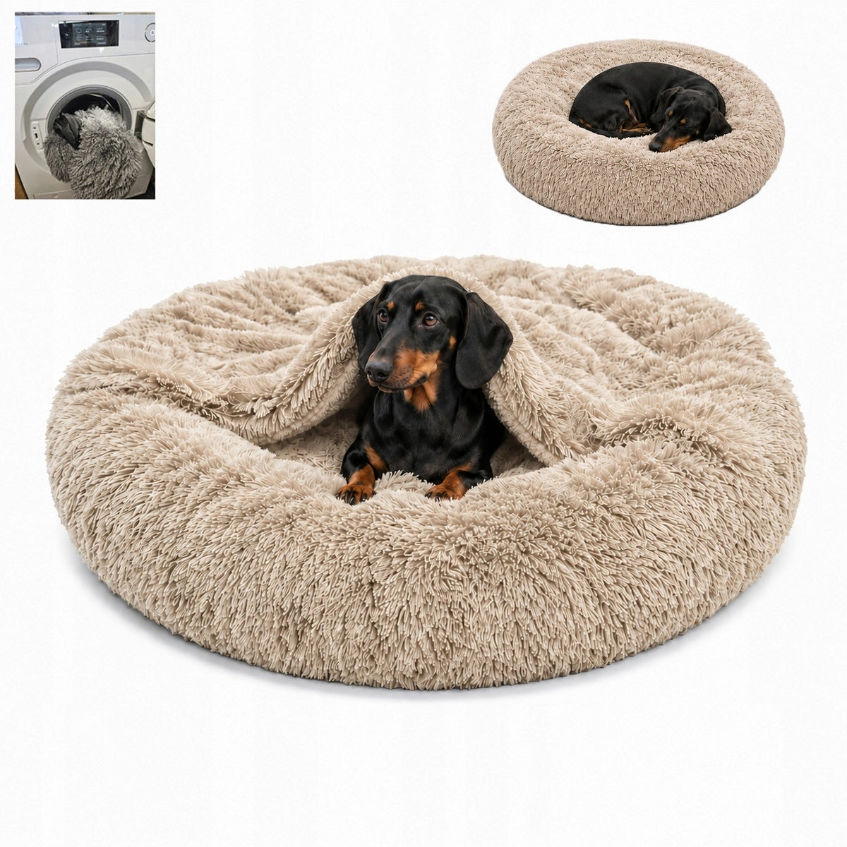 Legowisko norka dla psa 80 cm 2 w 1, pluszowe shaggy, zdejmowany pokrowiec – beżowe