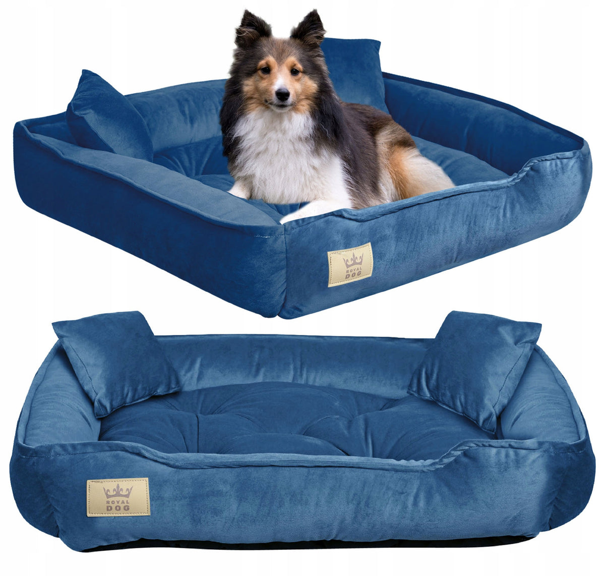 Royal Dog Legowisko dla psa welurowe 100x75 cm z poduszkami, rozmiar L – niebieskie