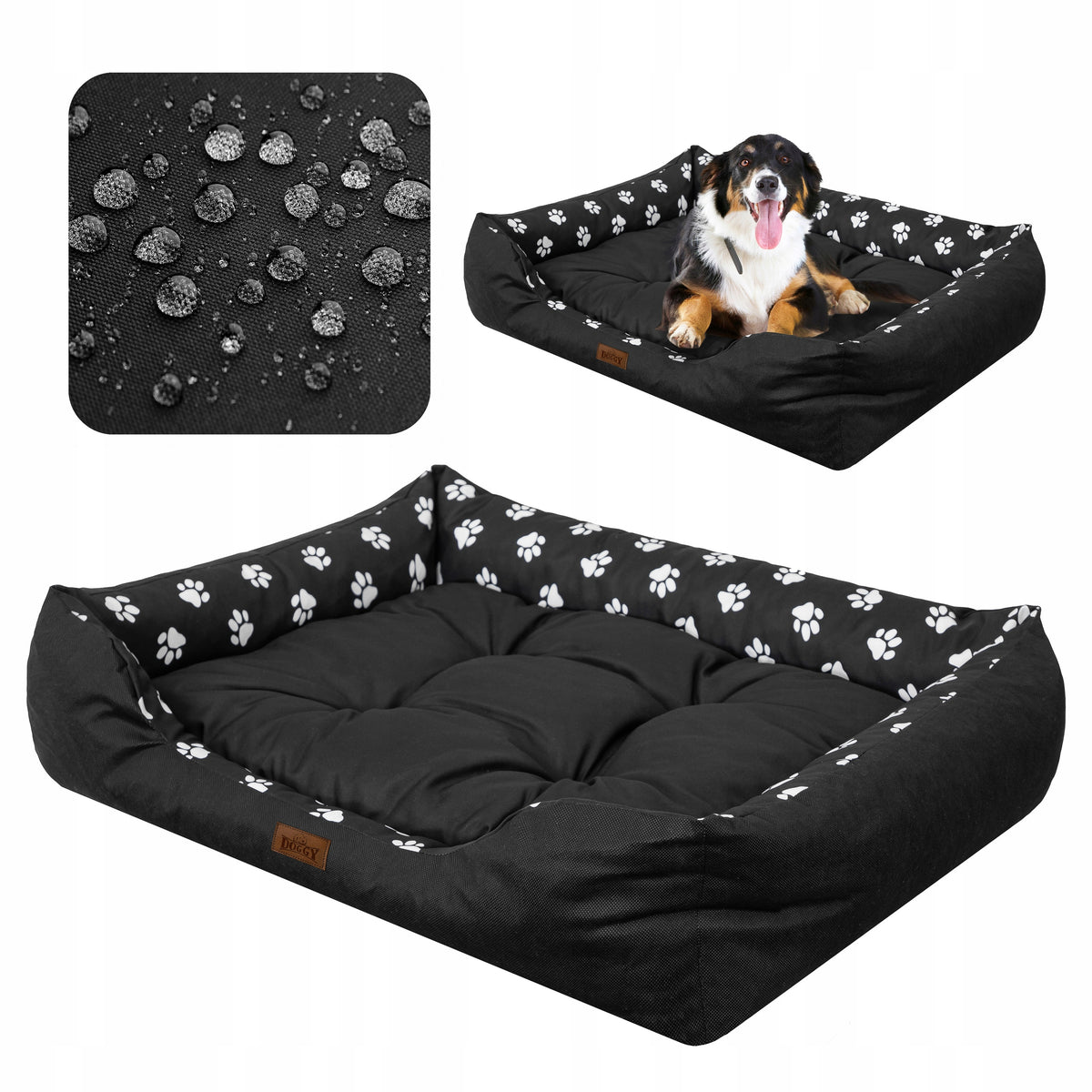 Doggy Puffy legowisko dla dużego psa XXL 114x84 cm wodoodporne z materacem – czarne w łapki