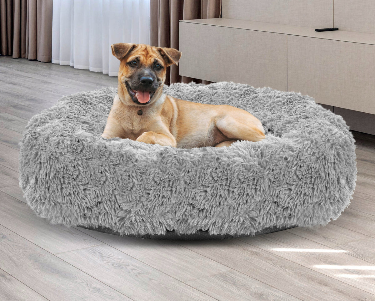 Legowisko dla psa i kota okrągłe 80 cm pluszowe shaggy, rozmiar L – jasnoszare