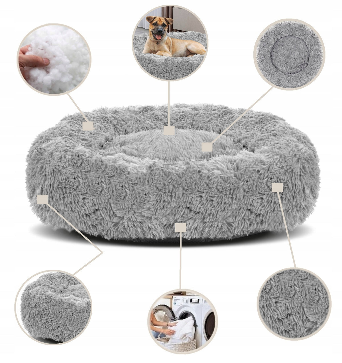 Legowisko dla psa i kota okrągłe 80 cm pluszowe shaggy, rozmiar L – jasnoszare
