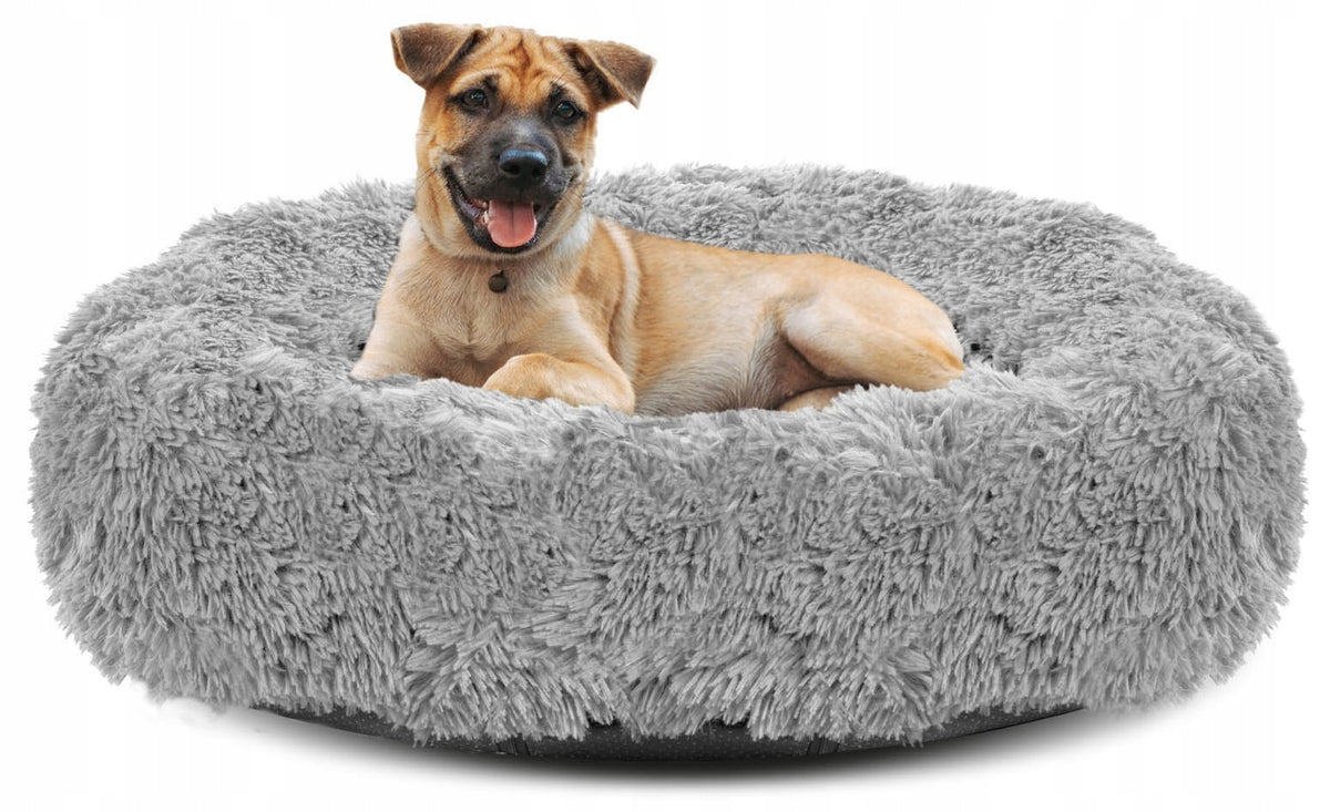Legowisko dla psa i kota okrągłe 80 cm pluszowe shaggy, rozmiar L – jasnoszare