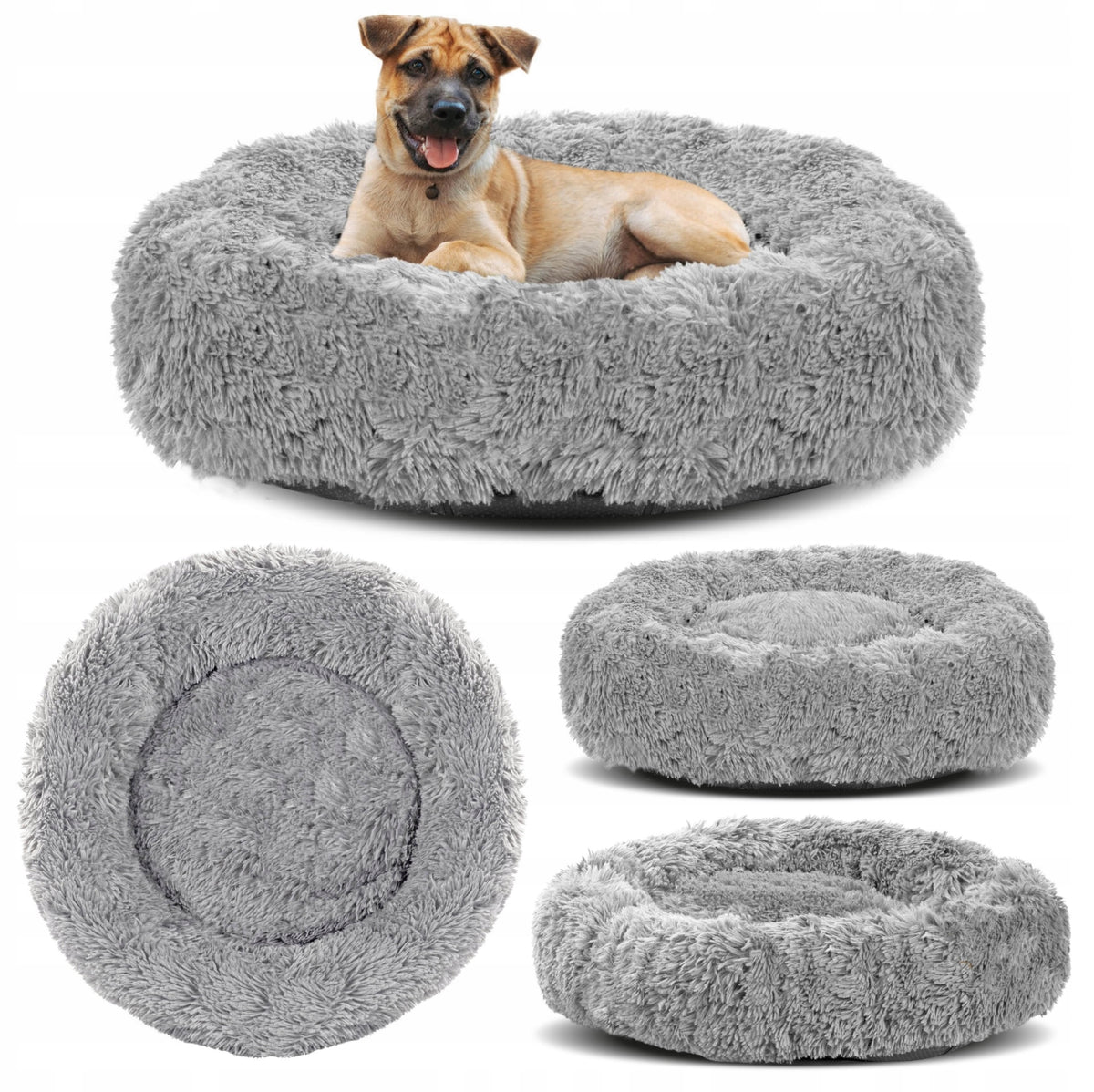 Legowisko dla psa i kota okrągłe 80 cm pluszowe shaggy, rozmiar L – jasnoszare