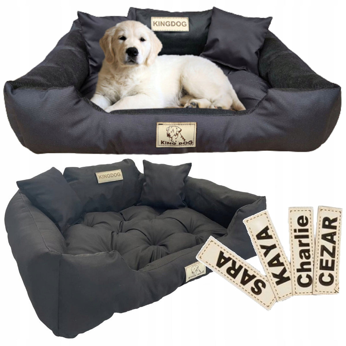 KING DOG Legowisko dla psa 100x75 cm wodoodporne z imieniem pupila i 2 poduszkami – czarne