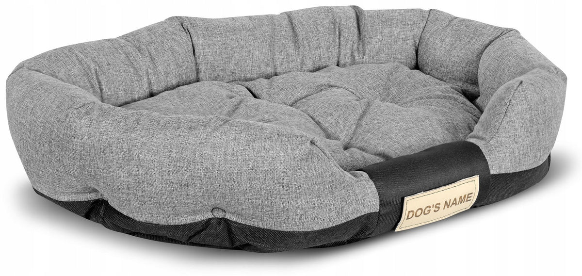 Legowisko dla psa wodoodporne 100x75 cm z imieniem – owalny kosz z Cordury, szare