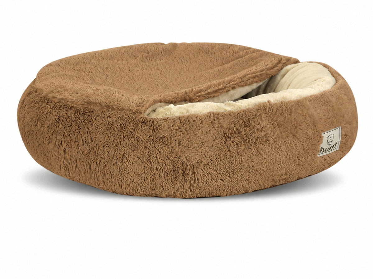 Legowisko dla psa okrągłe z daszkiem 50 cm, pluszowe shaggy, rozmiar S – brązowe