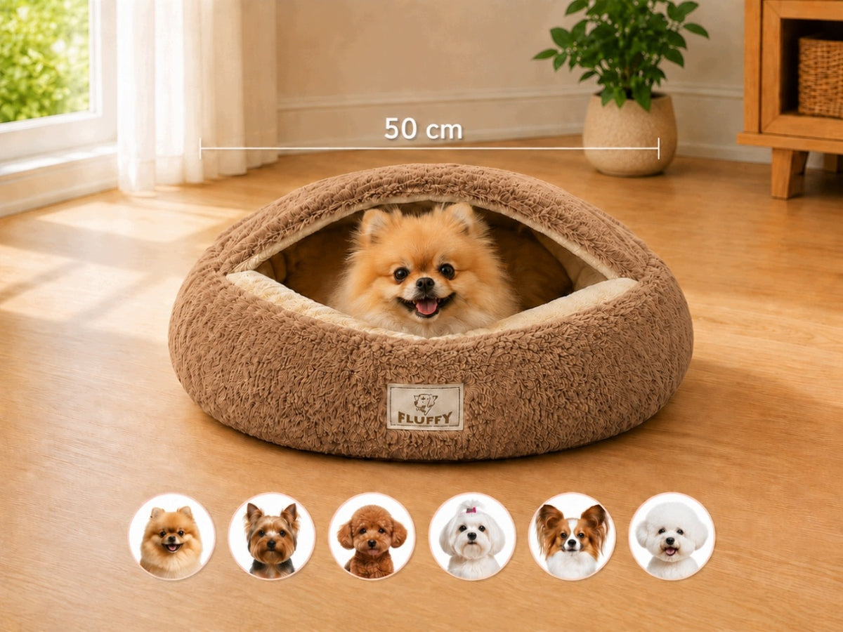 Legowisko dla psa okrągłe z daszkiem 50 cm, pluszowe shaggy, rozmiar S – brązowe