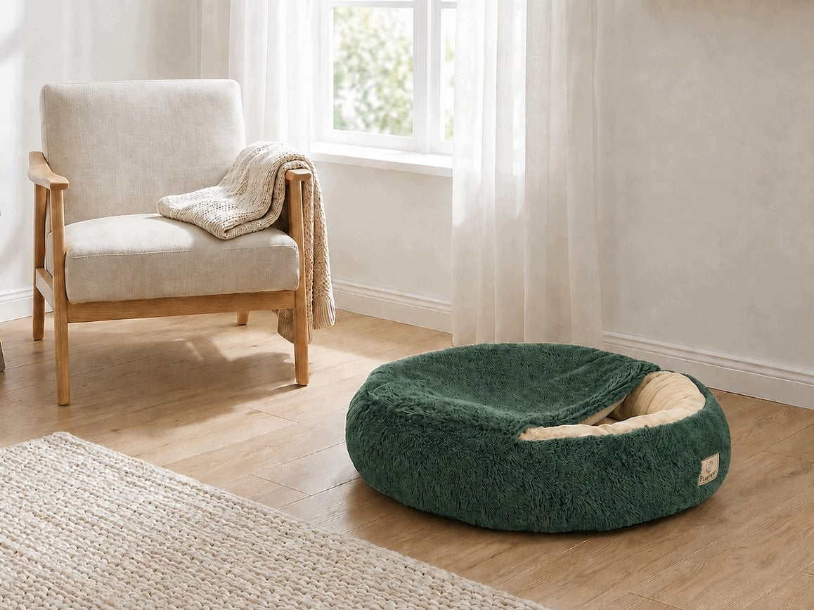 Legowisko dla psa z daszkiem 60 cm, pluszowe shaggy, dla małego psa – zielone