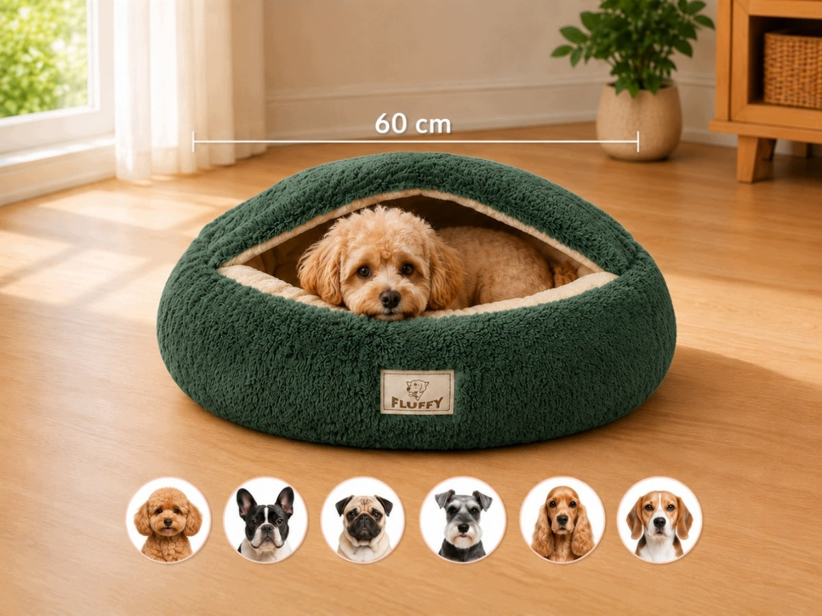 Legowisko dla psa z daszkiem 60 cm, pluszowe shaggy, dla małego psa – zielone