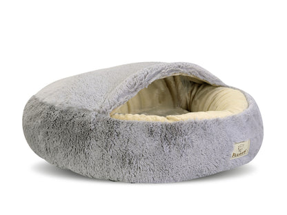 Legowisko dla psa z daszkiem FLUFFY 70 cm pluszowe shaggy, dla małego psa – szare