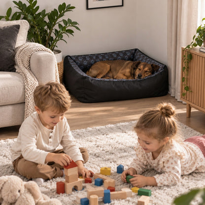 Legowisko kanapa dla psa 85 × 65 cm wodoodporne z wyjmowaną poduszką – czarne, wzór łapy