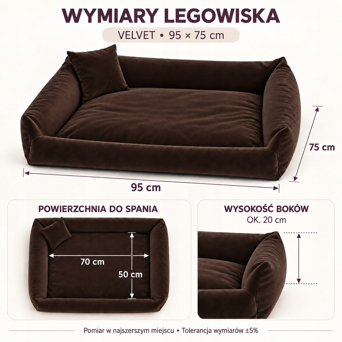 Legowisko dla psa kanapa 95 x 75 cm velvet ze zdejmowanym pokrowcem i poduszką – brązowe