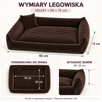 Legowisko dla psa kanapa 95 x 75 cm velvet ze zdejmowanym pokrowcem i poduszką – brązowe